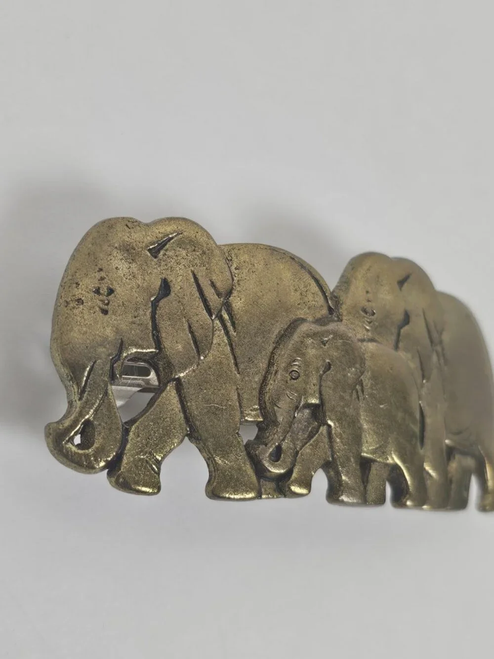 Vtg Karina France Elephant Family Hair Clip Barrette Antiqued Gold Tone Metal